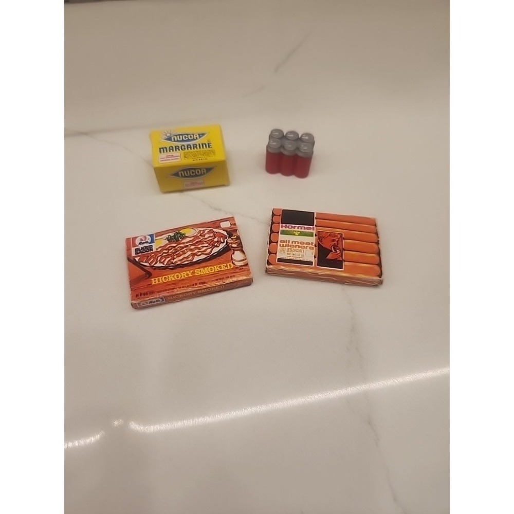 Vintage Lot Of Play Miniature Doll Food Grocery Bacon, Soda, Margarine Hot Dogs